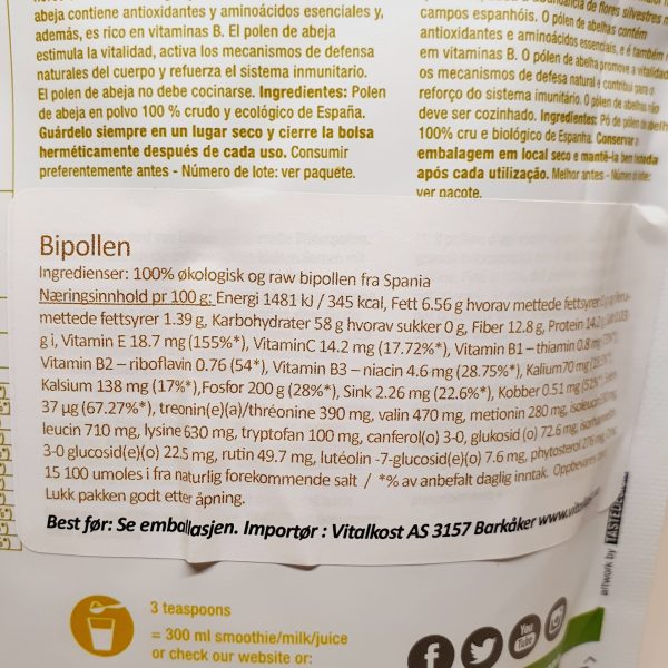Organisk superfoods pollen fra bier pulver fra Purasana - baksiden - ingredienser på norsk