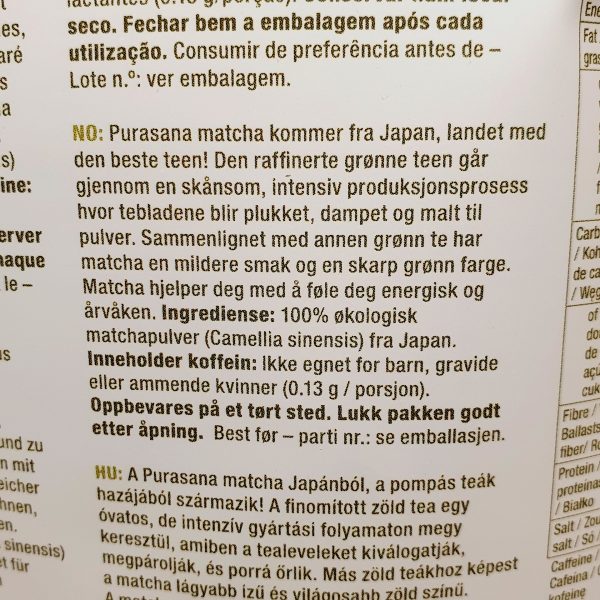 Organisk superfoods premium matcha pulver fra Purasana - Baksiden på norsk