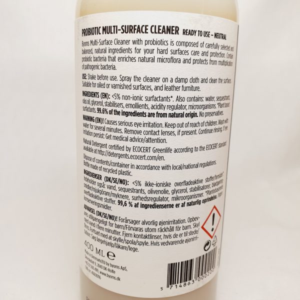 Multi surface spray til vask av alle overflater - Byoms rengjøringsmiddel med probiotika - miljøvennlig og økologisk - bakside zoom inn